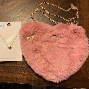 Pink heart cross body purse and gold heart necklace